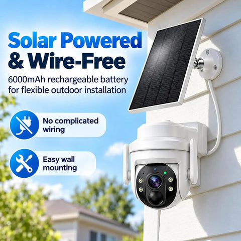 Wireless 2K HD Outdoor Security Camera With Massive 6000mAh Battery And Smart AI Motion Alerts And Rockin Night Vision And Crystal Clear Two Way Audio And Rugged IP65 Weather Armor For Home Defense White mounted with solar panel.