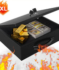 Fireproof Document Safe Box With Key Lock, Heavy Duty Portable Lock Box for home or travel, open with cash and gold bars inside