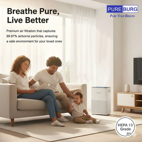 Family sitting in living room with Replacement Filter Set For Whirlpool WPT80 Whispure Large Tower Air Purifier in background