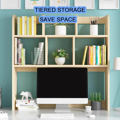 Solid Wood Desktop Bookshelf Organizer Rack Featuring Straight Up Sturdy Build And Zero Fuss Assembly To Stay Organized And Looking Sharp For Office Home Decor with tiered storage.
