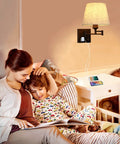 Must Have Bedside Wall Lamp With Dimmable Switch And USB Outlet Swing Arm Fabric Shade Sconce In Black For Bedroom Living Room Or Hotel Plug In Cord Included lighting reading corner