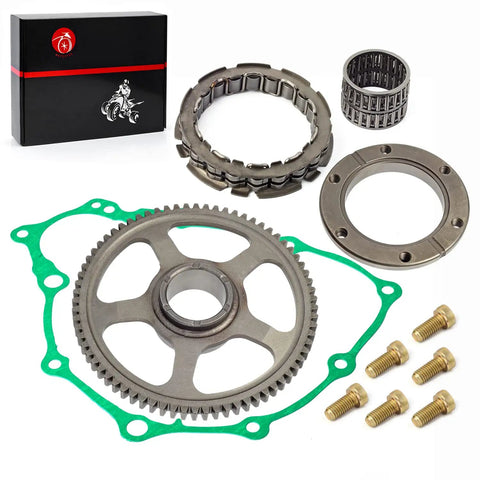 Heavy Duty Starter Clutch And One Way Bearing Idler Gear Kit With Gasket Set Drop Straight In Replacement For 2000 To 2014 Honda Trx400Ex Trx400X Atv Rig parts with gear, bearings, and bolts.