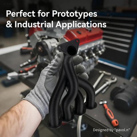 Hand holding black 3D printed prototype part, made with Top Shelf Pro Ppa Gf 3D Printer Filament Rock Solid Black Nylon With Reinforced Glass Fiber For Extreme Conditions And Heavy Duty Projects 1Kg Spool Premium Grade.