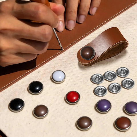 Fresh Threads Pearl Snap Button Kit With 5 Prong Fasteners And Heavy Duty Plier for DIY fabric repairs, featuring colorful snap buttons.