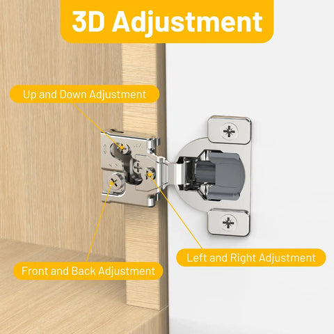 Heavy Duty 20 Pack Soft Close Cabinet Hinges One Half Inch Full Overlay featuring 3D adjustment for customized fitting.