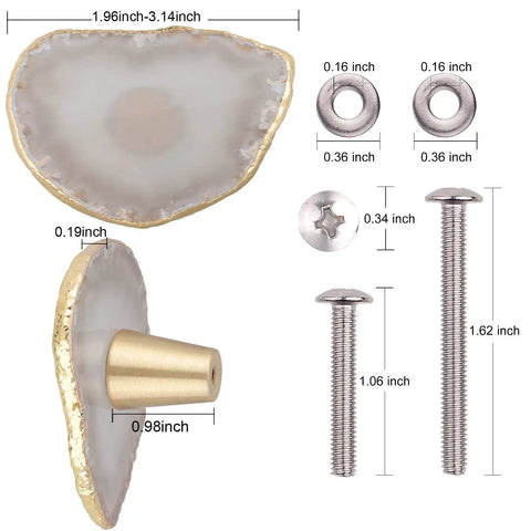Upgrade Your Cabinets And Dressers With These Slick Natural Agate Slice Geode Drawer Knobs Featuring Plated Gold Edges And Heavy Duty Brass Screws with measurements.