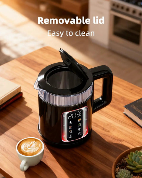 Electric Tea Kettle With Temperature Control And Glass Body For Tea And Coffee Daily Driver Smart Water Boiler on a table