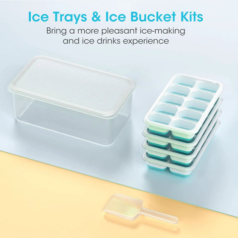 Four Pack Silicone Ice Cube Trays With Lid And Storage Bin Includes Scoop For Effortless Freezer Organization and perfect cubes.