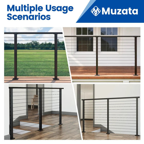 Killer Black Cable Railing Post Surface Mount Deck Railing Kit for versatile outdoor and indoor settings, showing multiple usage scenarios.