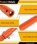 Close-up of Three Piece Auger Extension Drill Bits Set With Long Reach 7.7 Inch 11.4 Inch And 19.3 Inch Metal Shaft Earth Auger Drill Bit Extensions For Post Hole Digger With Safety Pin Orange showing safety pin and orange metal shaft