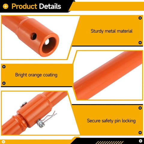 Close-up of Three Piece Auger Extension Drill Bits Set With Long Reach 7.7 Inch 11.4 Inch And 19.3 Inch Metal Shaft Earth Auger Drill Bit Extensions For Post Hole Digger With Safety Pin Orange showing safety pin and orange metal shaft