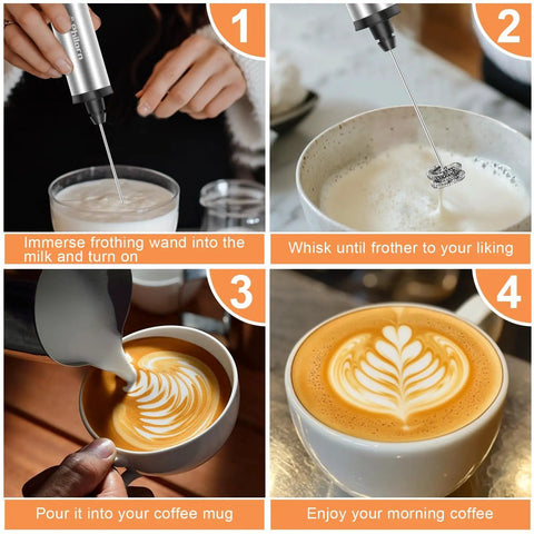 Rechargeable USB C Milk Frother With Stand, Handheld Wand With 3 Heads And 3 Speeds For Latte Cappuccino Matcha Almond Milk And More shown frothing milk, whisking to create latte art, and serving in cup.