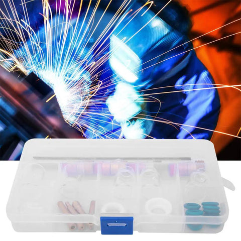 Pro Level TIG Welding Conversion Kit Compatible With WP17 WP18 WP26 Torches with copper clamps and glass cups in a case.