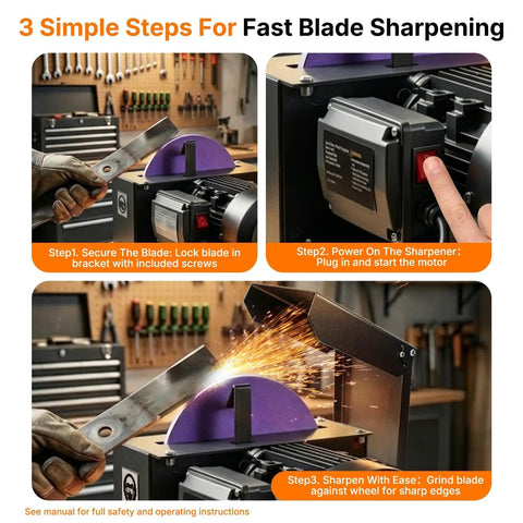 Badass Bench Mower Blade Sharpener With Slick Ceramic Grinding Wheel And Rock Solid 750 Watt Motor For High Low Lift Flat And Gator Blades That Deliver Knockout Sharpness On Every Single Pass, showcasing blade sharpening steps.