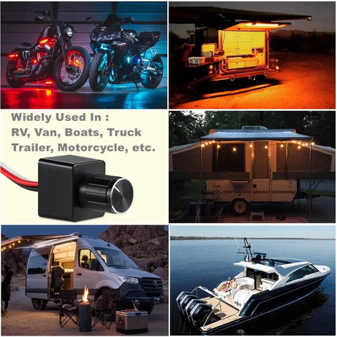 Game Changer 12v Pwm Dimmer Switch For Rvs And Trailers High Side Flicker Free LED Light Control shown in use in various vehicles.