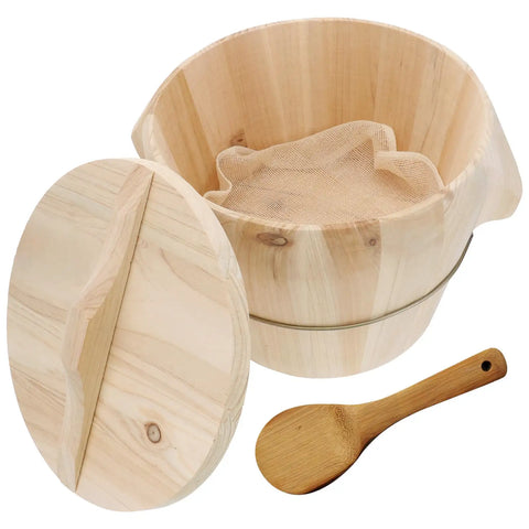 Handmade Wooden Rice Steamer Bucket With Flat Lid And Detachable Base For Commercial Kitchen Use, includes bamboo spoon.