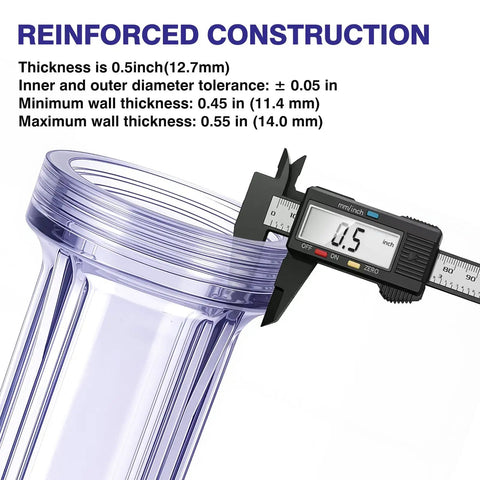 Caliper measuring Ten Inch Whole House Slim Water Filter Housing With Pressure Relief Valve Three Quarter Inch NPT Brass Ports