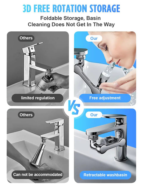 Comparison of standard faucet and Ultra Versatile 1440 Degree Rotating Faucet Extender For Kitchen And Bath with 360 swivel angles