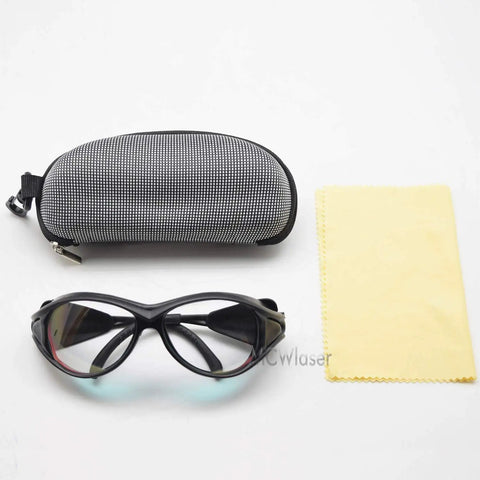 Top Shelf Two Pack Laser Safety Goggles Offering Tight OD5 Plus Blockage For 808 830 850 Nm Infrared Light with case and cleaning cloth.