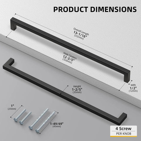 Top Shelf Black Stainless Steel Cabinet Handles And Drawer Pulls Featuring 12 5/8 Inch Center Spacing dimensions with screws.