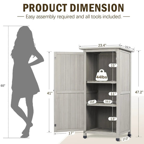 Dimension diagram of Wooden Outdoor Storage Cabinet And Vertical Garden Tool Shed with waterproof roof and 2 shelves.