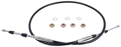 72 Inch Universal Control Cable For 5200 Series PTO Valves with stainless rod and core, shown with mounting hardware for dump trucks.