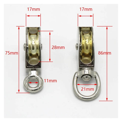 Two 75mm DIY Mini Metal Sheave Zinc Alloy Fixed Pulley Crown Block and Tackle Lifting Wheel Single/Double Pulley(Fixed-Single-75mm) showing dimensions.