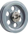 Efficient 7.75 inch dual groove cast iron pulley with a 1-1/8 inch bushing, shown in a side view, featuring two piece construction.
