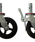 Side view of Set Of Four Eight Inch Caster Wheels With Cast Iron Hubs And Locking Brakes CBM1290 Heavy Duty 1100 Pound Load Capacity One And Three Eighths Inch Stem Fits Two Hole Mounting For Two Inch And Two And A Half Inch Tubes Swivel 360 Degree