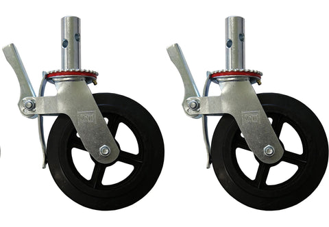 Side view of Set Of Four Eight Inch Caster Wheels With Cast Iron Hubs And Locking Brakes CBM1290 Heavy Duty 1100 Pound Load Capacity One And Three Eighths Inch Stem Fits Two Hole Mounting For Two Inch And Two And A Half Inch Tubes Swivel 360 Degree