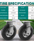 Two 8-inch pneumatic rigid caster wheels with zinc top plate and tire specifications for carts and workbenches