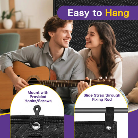 Couple enjoying music with Badass Heavy Duty Extra Large Sound Dampening Blanket 2 Pack 96 By 80 Inches hanging easily.