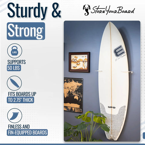 Heavy Duty Vertical Surfboard Wall Mount Rack Made From Crystal Clear Acrylic with a surfboard displayed on a wall.