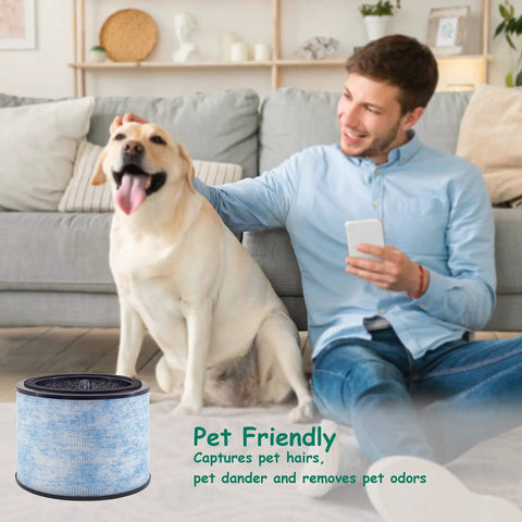 Man and dog near AP200 Filter Replacement For Instant AP200 Air Purifier With H13 True HEPA Activated Carbon Antimicrobial Coating