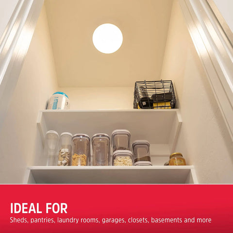 Ceiling view of Cordless LED Ceiling Light With Wireless Remote Control 300 Lumens Of Diffused Bright White Light No Wiring Needed Energy Efficient Fixture For Closets Laundry Rooms Garages Sheds And More installed, illuminating a small pantry space.