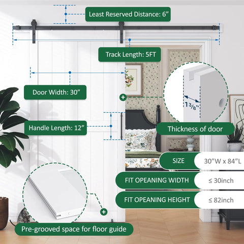 Detailed diagram of White 30X84 Inches Sliding Barn Door Smooth Rail System Floor Guide H-Frame Hardware Kit Waterproof PVC Surface.
