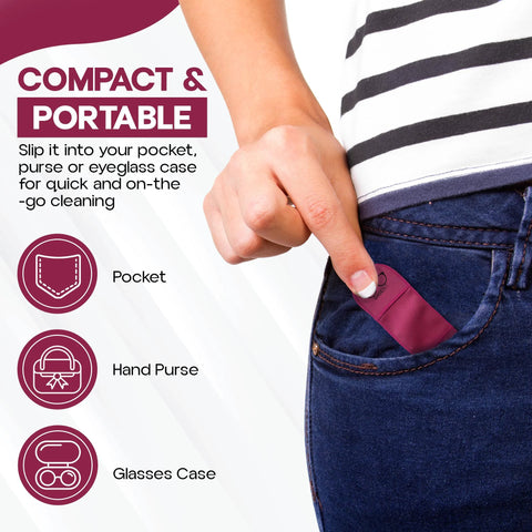 Basesit eyeglass cleaning cloths, 4-pack, rose/green, pocket-sized cloth shown in jeans pocket