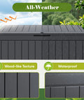 80 Gallon Resin Outdoor Storage Box With Wood Texture Waterproof Deck Box For Patio Cushions And Outdoor Gear No Fuss All Weather Storage Bin Grey That Stays Dry showing wood-like texture and waterproof design