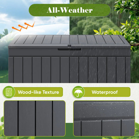 80 Gallon Resin Outdoor Storage Box With Wood Texture Waterproof Deck Box For Patio Cushions And Outdoor Gear No Fuss All Weather Storage Bin Grey That Stays Dry showing wood-like texture and waterproof design