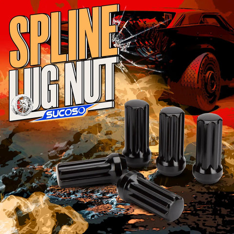 Kickass Slick Black Lug Nuts With 9/16-18 Thread Pitch Fits Aftermarket Wheels Dodge Ram 2500 3500 Ford F150 F250 Heavy Duty Replacement Hardware, set of black spline lug nuts.