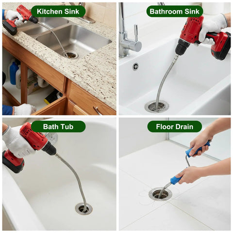 Image showing Badass Heavy Duty Drain Snake And Auger With Drill Attachment Plumbing Tool 9.8Ft in kitchen, bathroom, tub, and floor drain use.