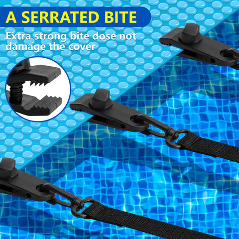 24 Piece Pool Solar Cover Reel Attachment Kit Rein Your Solar Blanket With Heavy Duty Serrated Teeth Clamp Lockdown Gear For Large Inground Pools With Grip Tight Strap Kit That Keeps Your Setup Locked In And Rolling Smooth - image showing serrated clamp and strap detail on pool cover.