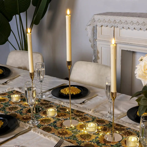 Flameless Taper Candles With Remote And Timer Battery Operated Led Flickering Ivory Plastic Candlesticks For Christmas Decor Three Pack With Realistic Drip Wax Look No Melt No Mess Safe Soft Glow on dining table