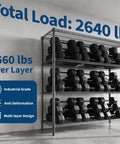 4 Tier Metal Shelving Unit Heavy Duty Wire Rack Storage Shelf Featuring 2640 Pound Capacity with dumbbells loaded.