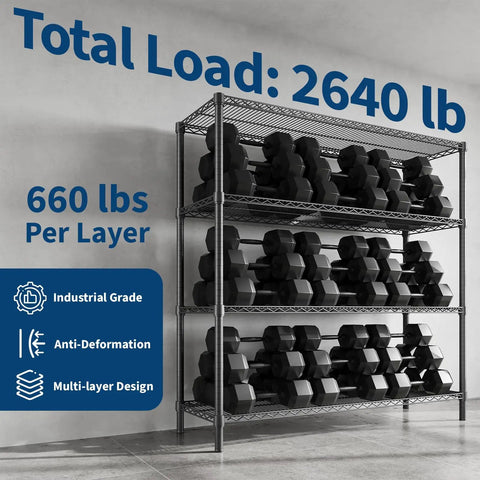Rock Solid 4 Tier Metal Storage Shelves Heavy Duty Industrial Grade Garage Organization Rack 47 Inches Wide loaded with dumbbells, 2640 lb total capacity.