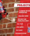 Person using spray foam sealant for gaps and cracks, expands up to 1 inch, high density polyurethane foam for seamless insulation.