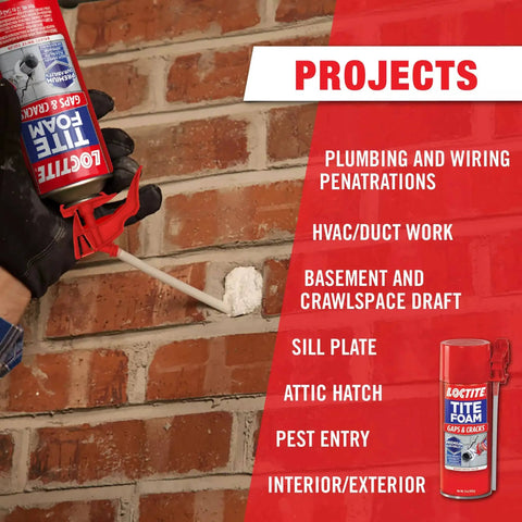 Person using spray foam sealant for gaps and cracks, expands up to 1 inch, high density polyurethane foam for seamless insulation.