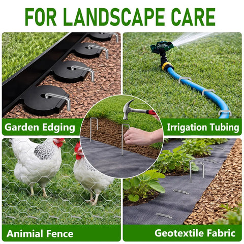 Beefy 8 Gauge Landscape Staples 6 Inch Heavy Duty Galvanized Steel Garden Stakes 15 Pack shown in various garden uses