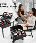Extra Large 5 In 1 Transformable Makeup Trolley With Smooth Rollin Wheels Kickass Cosmetics Travel Case and Slick Swivel Base For Hella Spacious Nail Station Setup In Classic Black, with accessories shown.