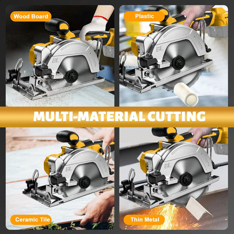 Pro Grade 5 1 2 Inch Cordless Circular Saw With Brushless Motor And 6500 Rpm used for cutting wood, plastic, ceramic tile, and thin metal.